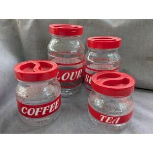 Set of‎ 4 Cove Glass Red Canister Tea Coffee Sugar Coffee Embossed Lid Italy